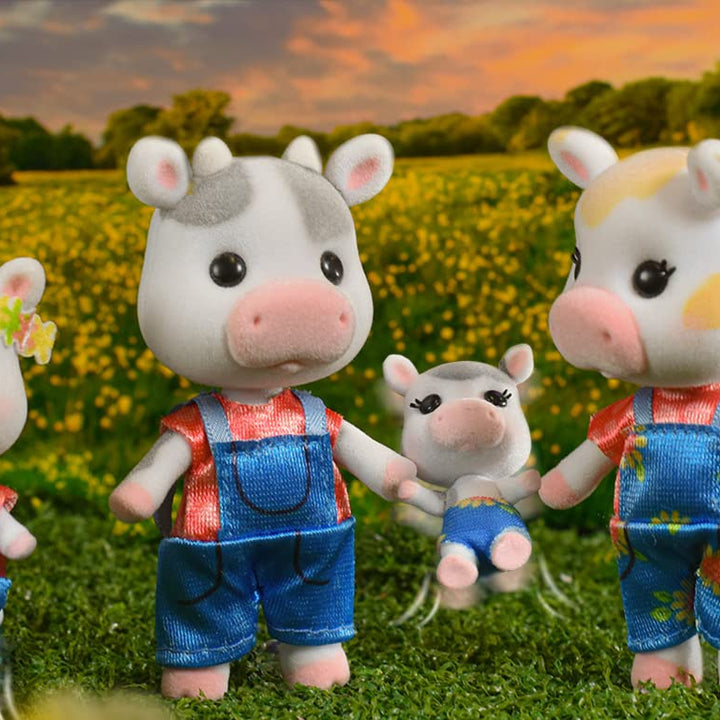 Sunny Days Entertainment Honey Bee Acres Cloverberrys Cow Family – 4 Miniature Flocked Dolls | Small Collectible Figures | Pretend Play Toys for Kids