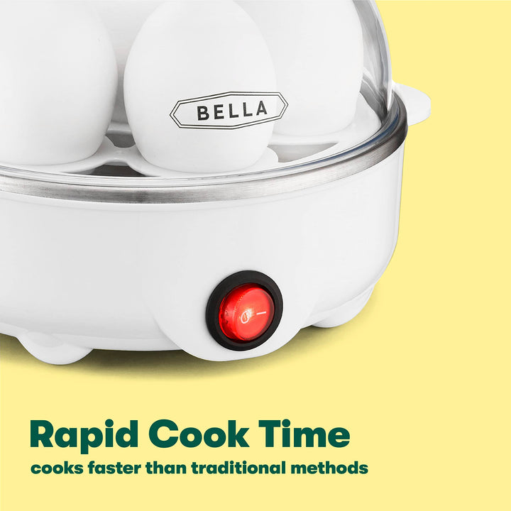 BELLA Rapid Electric Egg Cooker and Poacher with Auto Shut Off for Omelet, Soft, Medium and Hard Boiled Eggs - 7 Egg Capacity Tray, Single Stack, White