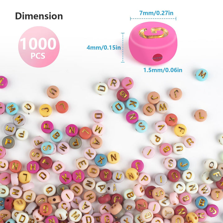 1000PCS Colourful Letter Beads for Threading, 4 x 7 MM, A-Z White Letter Beads and Colourful Heart Beads, Acrylic Round Beads for Jewellery DIY Making Crafts Bracelets Necklaces Ornaments-Gold Style 1