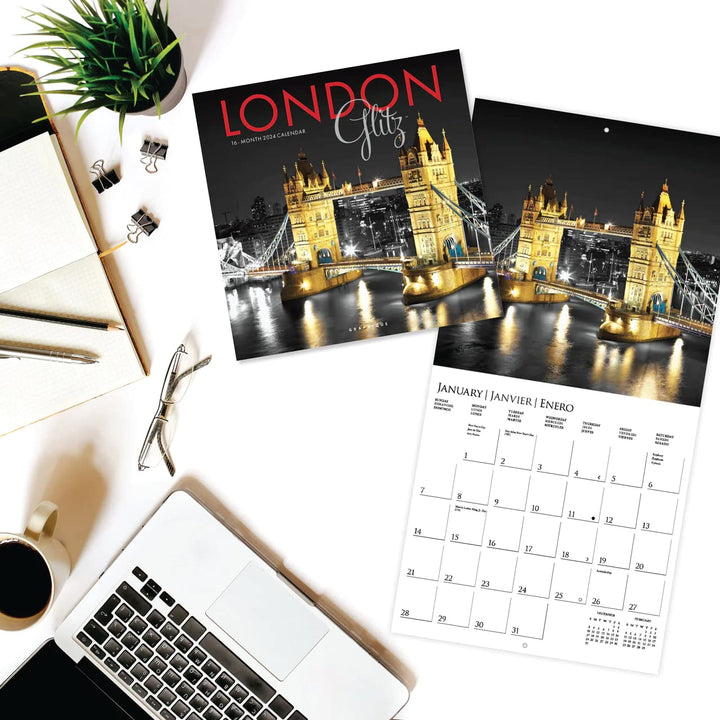 Graphique 2024 London Glitz Wall Calendar | 12” x 12” | Thick Paper | Home & Office Organizer | Large Monthly Grid | 3 Languages & Marked Holidays | 4 Month Preview Page for 2025