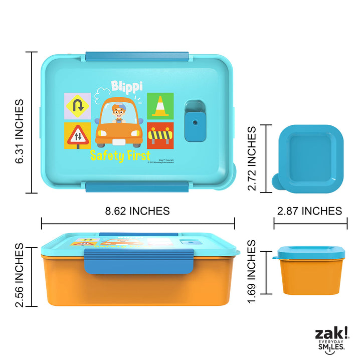 Zak Designs Blippi Reusable Plastic Bento Box with Leak-Proof Seal, Carrying Handle, Microwave Steam Vent, and Individual Containers for Kids' Packed Lunch (3-Piece Set)