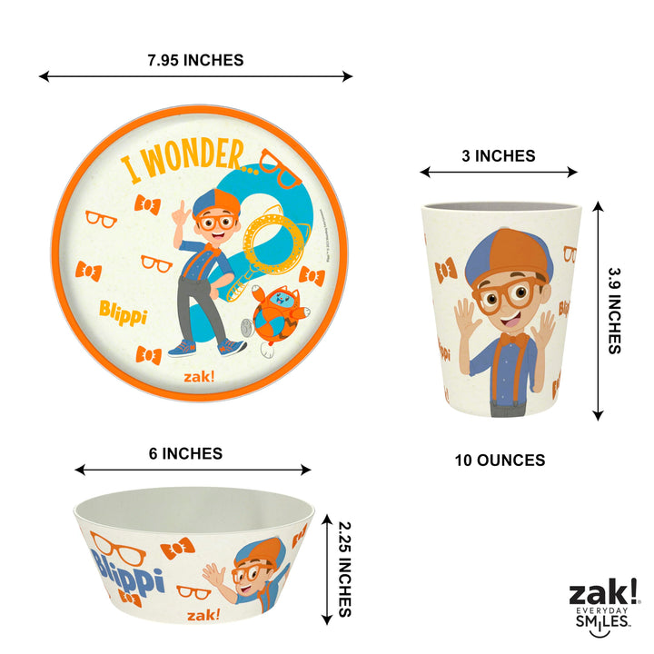 Zak Designs Blippi Kids Dinnerware Set 3 Pieces, Durable and Sustainable Melamine Bamboo Plate, Bowl, and Tumbler are Perfect For Dinner Time With Family (Blippi, TABBS) 8" Plate, 6" Bowl, 10oz Tumbler