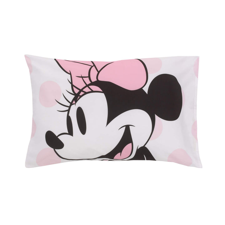 Minnie Mouse Pink, White and Black 4 Piece Toddler Bed Set with Comforter, Fitted Bottom Sheet, Flat Top Sheet, Standard Size Pillowcase