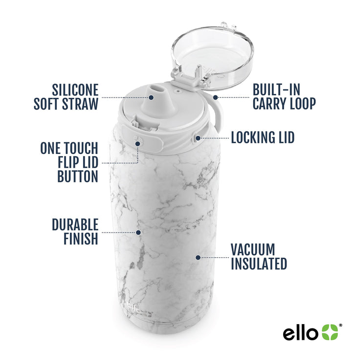 Ello Cooper Stainless Steel Water Bottle with Straw and Carry Handle, Double Walled and Vacuum Insulated Metal, Leak Proof Locking Lid with Soft Silicone Spout, Reusable, BPA Free, 22oz, 32oz, 40oz White Marble