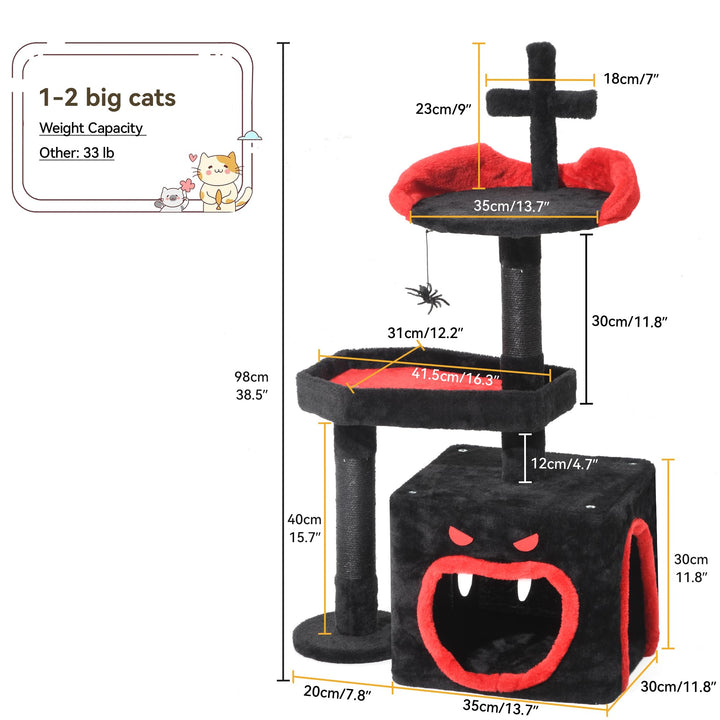 YITAHOME Gothic Cat Tree with Coffin Bed, 38.6" Cat Tower for Indoor Cats with Spacious Cat Condo, Spider Hanging Ball, Scratching Post, Black Halloween 38.6 in