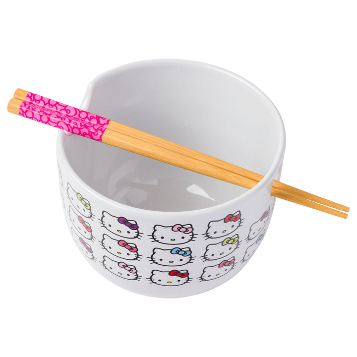 Silver Buffalo Sanrio Hello Kitty Faces and Bows Pattern Ceramic Ramen Rice Bowl with Chopsticks, 20 Ounces