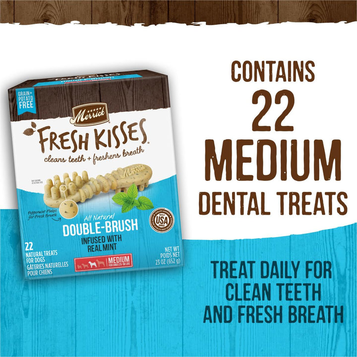 Merrick Fresh Kisses Natural Dental Chews Toothbrush Shape Treat Infused With Real Mint Medium Dogs - 22 ct. Box