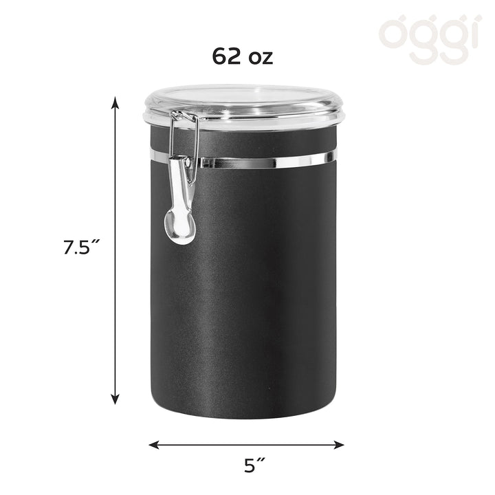 Oggi Stainless Steel Kitchen Canister 62 fl oz, Black - Airtight Clamp Lid, Clear See-Thru Top - Ideal for Kitchen Storage, Food Storage, Pantry Storage. Large Size 5" x 7.5".