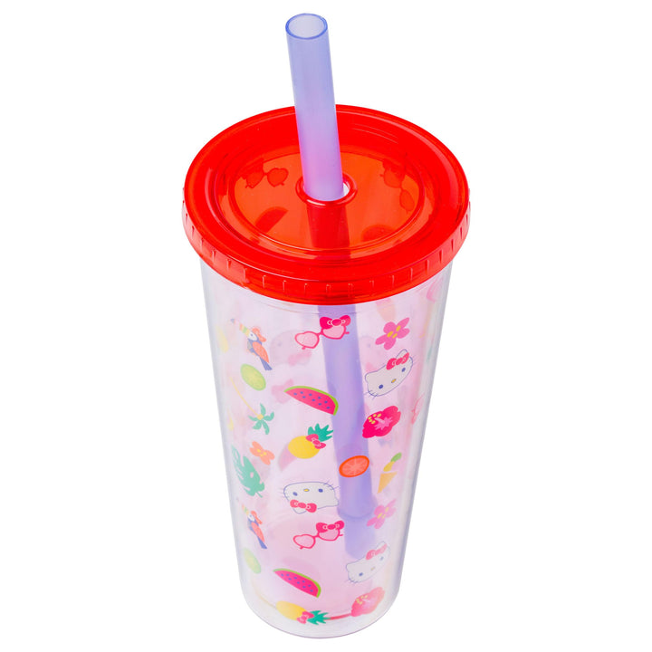 Silver Buffalo Sanrio Hello Kitty Tropical Summer Plastic Boba Tumbler with Lid and Wide Straw, 24 Ounces 24oz Hello Kitty Tropical Tossed Icons