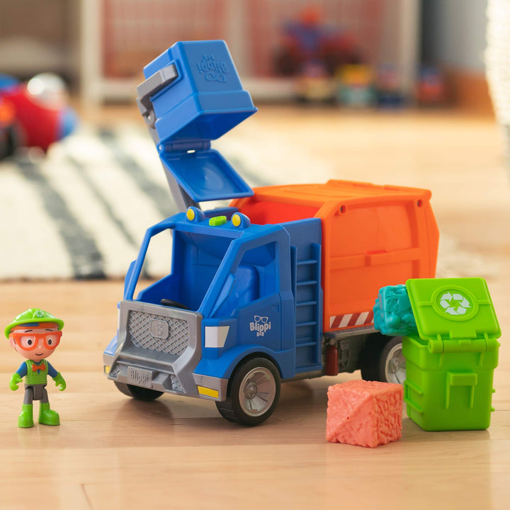 Blippi Recycling Truck - Includes Character Figure, Working Lever, 2 Trash Cubes, 2 Recycling Bins - Sing Along with Popular Catchphrases - Educational Toys for Kids - Exclusive