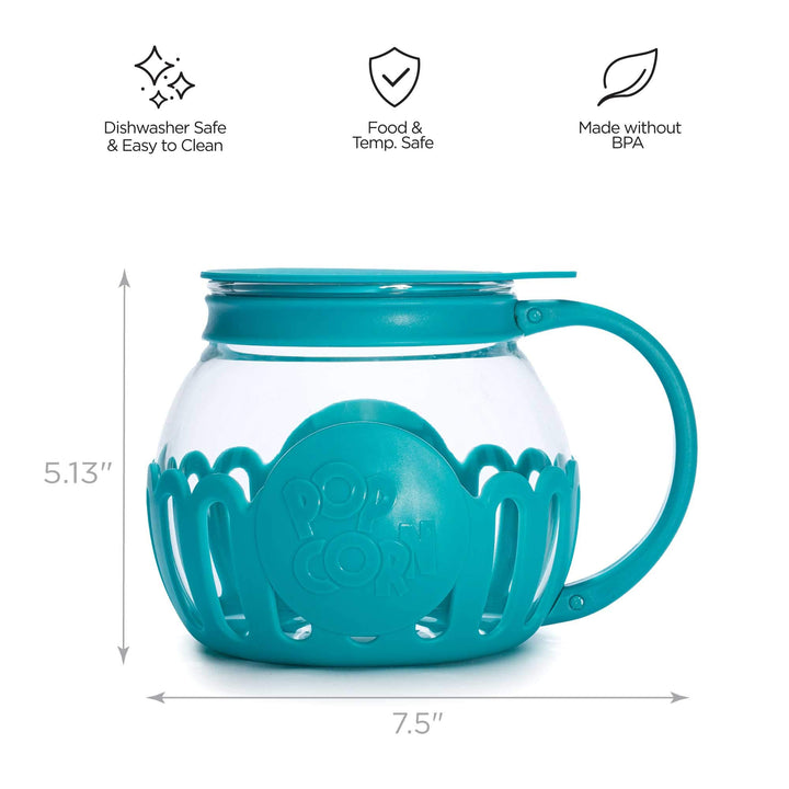 Ecolution Patented Micro-Pop Microwave Popcorn Popper with Temperature Safe Glass, 3-in-1 Lid Measures Kernels and Melts Butter, Made Without BPA, Dishwasher Safe, 1.5-Quart, Teal 1.5-Quart Snack Size