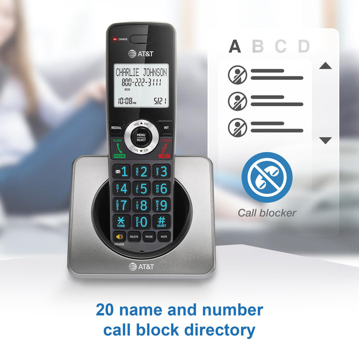 AT&T GL2101-2 DECT 6.0 2-Handset Cordless Home Phone with Call Block, Caller ID, Full-Duplex Handset Speakerphone, 2" White Backlit Display, Lighted Keypad (Graphite & Black) 2 Handset Graphite