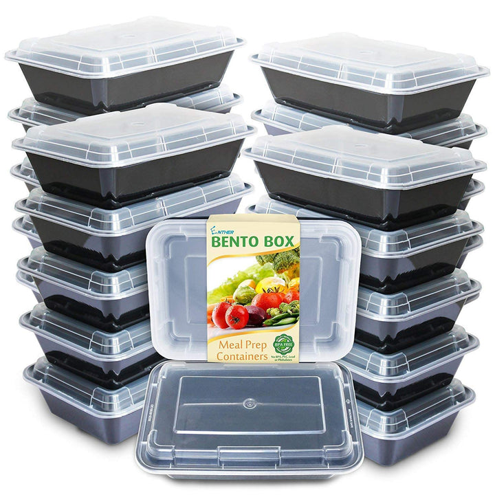 Enther 36oz Meal Prep Containers 20 Pack 3 Compartment with Removable Insert Tray 2 Tier Food Storage Bento Box with Lid, BPA Free Reusable Lunch Box Stackable/Microwave/Dishwasher/Freezer Safe Black 20 Pack 3 Compartment with Tray