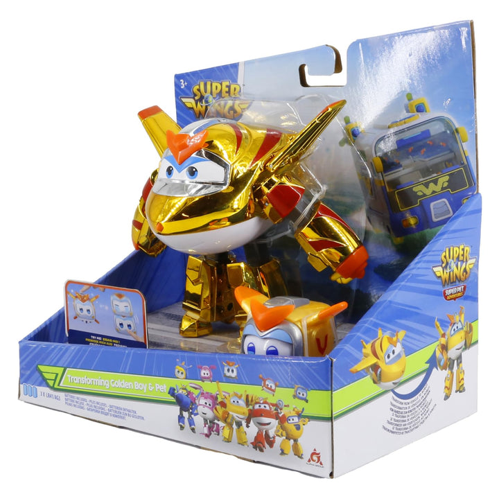 Super Wings - 5" Transforming 2-Pack Supercharged Golden Boy & Super Pet Airplane Toys | New from Season 7 | Airplane to Robot | Preschool Birthday Gifts for 3 4 5 Year Old Kids | with Light Effect