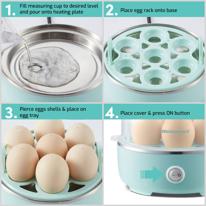 Elite Gourmet EGC115M Easy Egg Cooker Electric 7-Egg Capacity, Soft, Medium, Hard-Boiled Egg Cooker with Auto Shut-Off, Measuring Cup Included, BPA Free, Retro Mint