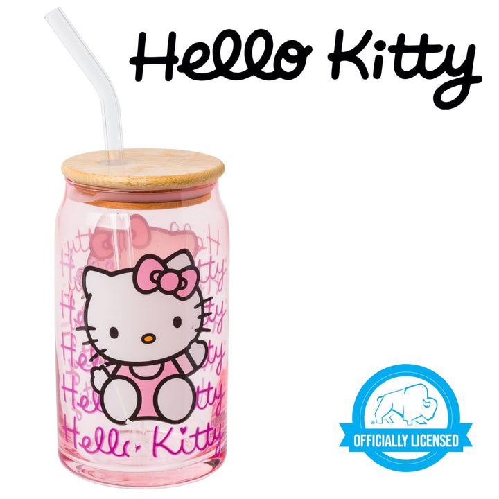 Silver Buffalo Sanrio Hello Kitty Glass Tumbler with Bamboo Lid and Glass Straw, 16 Ounces Multicolor