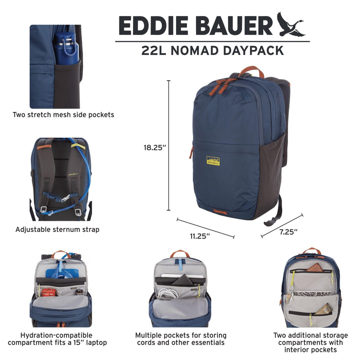 Eddie Bauer Nomad Backpack with Compression Straps and Hydration/Laptop Compatible Sleeve, Sienna, 22L