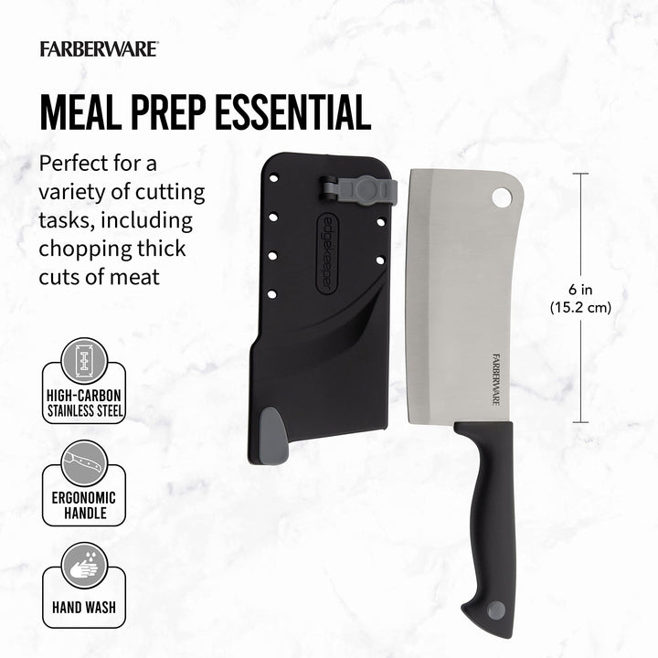 Farberware Edgekeeper 6-Inch Cleaver Knife with Self-Sharpening Blade Cover, High Carbon-Stainless Steel Kitchen Knife with Ergonomic Handle, Razor-Sharp Knife, Black Black/Gray