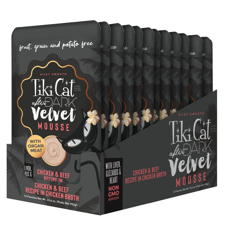 Tiki Cat After Dark, Velvet Mousse, Chicken & Beef Recipe in Chicken Broth, Grain & Potato Free Formula, with High Protein & Nutrient Dense Blended Irresistible Organ Meat, 2.8 oz. Pouch (Pack of 12)