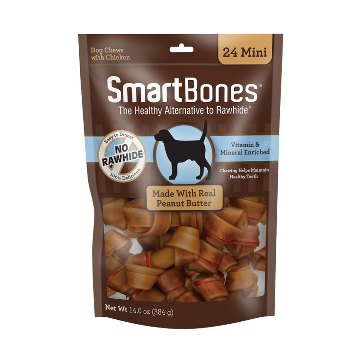 SmartBones Mini Chews With Real Peanut Butter 24 Count, Rawhide-FreeChews For Dogs (Packaging May Vary) 14 Ounce (Pack of 1)