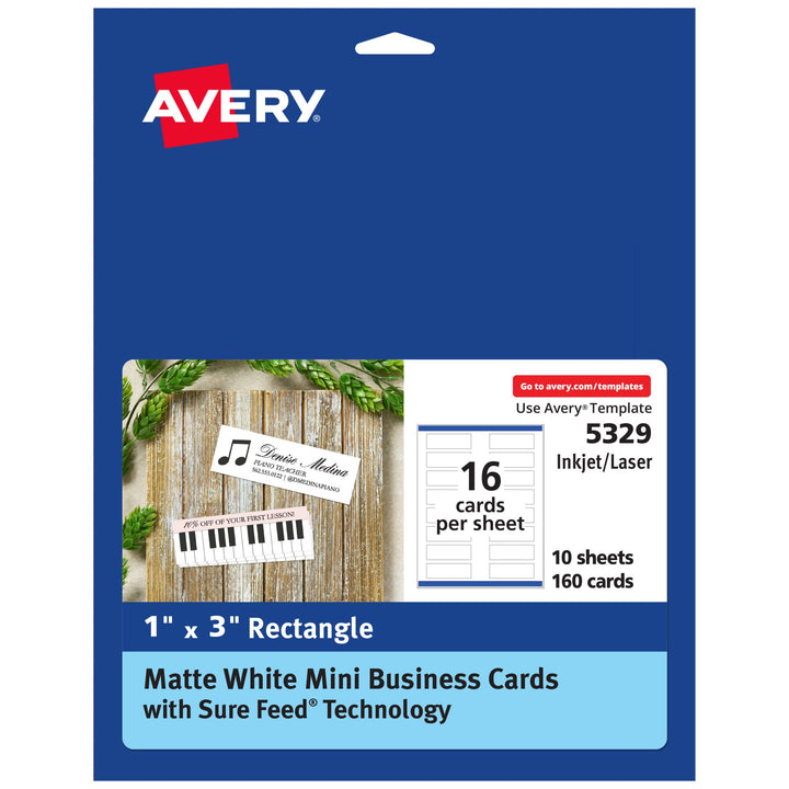 Avery Mini Business Cards with Sure Feed Technology, 1" x 3", Matte White, 160 Small Business Cards Total, Print-to-the-Edge, Laser/Inkjet Printable Cards (5329) 160 cards