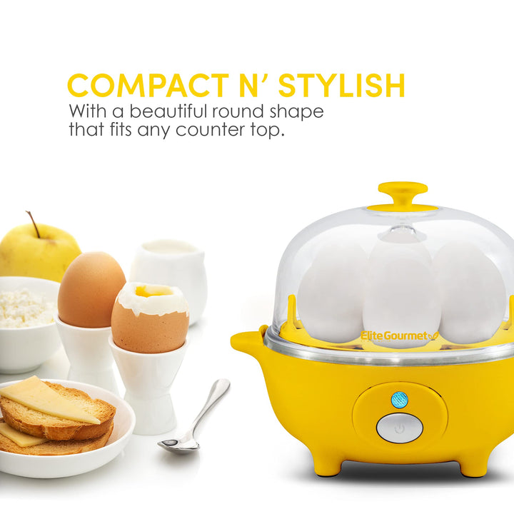 Elite Gourmet EGC-007Y# Rapid Egg Cooker, 7 Easy-To-Peel, Hard, Medium, Soft Boiled Eggs, Poacher, Omelet Maker, Auto Shut-Off, Alarm, 16-Recipe Booklet, Yellow 7 Egg