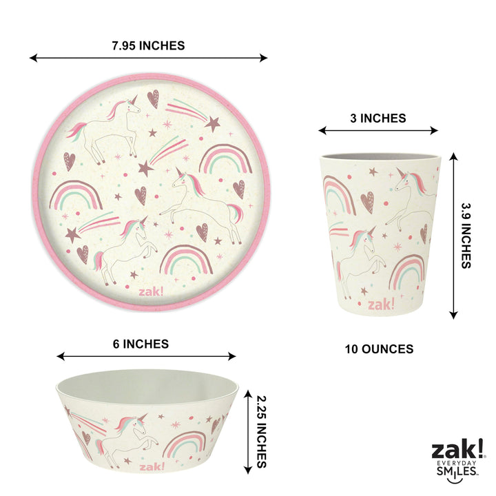 Zak Designs Kids Dinnerware Set 3 Pieces, Durable and Sustainable Melamine Bamboo Plate, Bowl, and Tumbler are Perfect For Dinner Time With Family (Fanciful Unicorn)