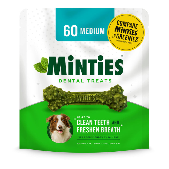 Minties Dental Chews for Dogs, 120 Count, Vet-Recommended Mint-Flavored Dental Treats for Tiny/Small Dogs 5-24 lbs, Dental Bones Clean Teeth, Fight Bad Breath, and Removes Plaque and Tartar Small Mint 48 Ounces