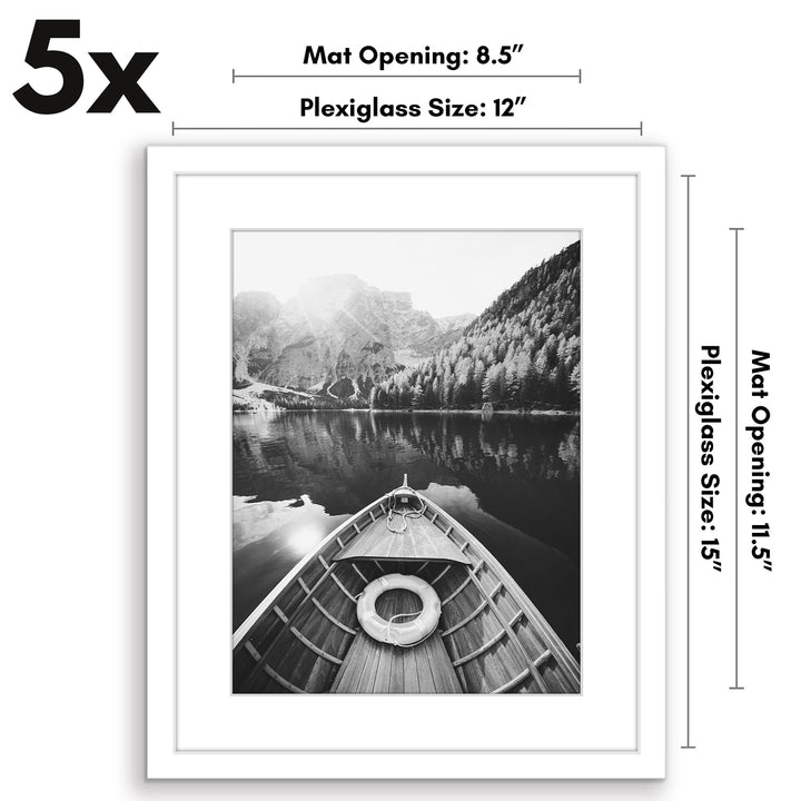 Americanflat 12x16 Picture Frame with Polished Plexiglass - Set of 5 - Use as 8.5x11 Frame with Mat or 12x16 Frame Without Mat - Galleria Collection - Gallery Wall Frame Set for Wall Display - White