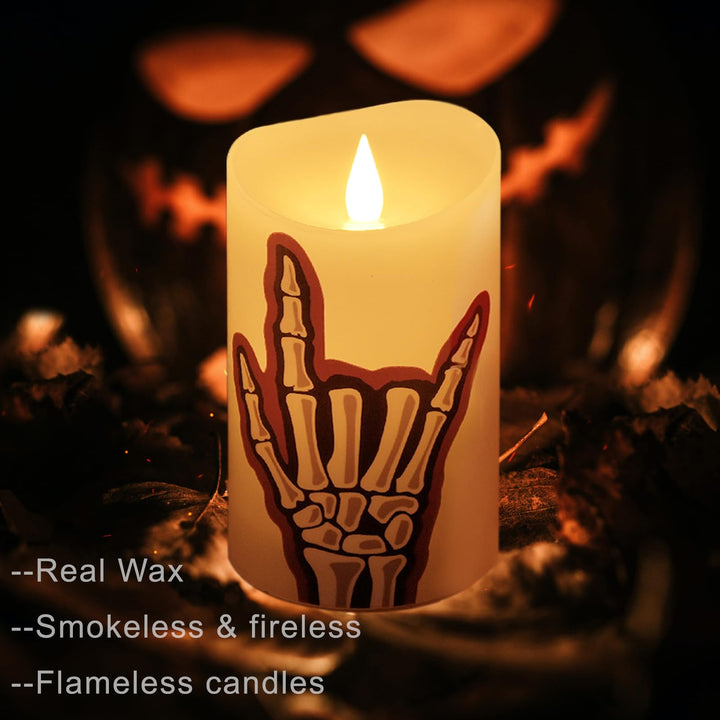 Halloween Flameless LED Candles with Remote Control, 3"x 5"Battery Operated Pillar Real Wax with Timer for Halloween Decorations, Skeletal Hands Candle 3"x5" Skeletal Hands