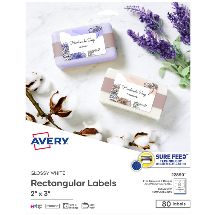 Avery Glossy White Labels with Sure Feed Technology, 2" x 3" Rectangle Labels, Print to The Edge, Laser/Inkjet, 80 Labels (22890) 2" x 3"