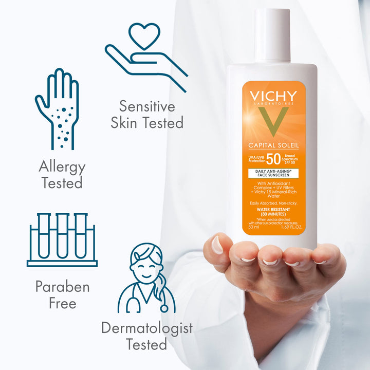 Vichy Capital Soleil Face Sunscreen SPF 50, Anti Aging Sunblock for Face with UVA and UBA Sun Protection, Daily Face Sunscreen for Sensitive Skin, Oxybenzone Free, Travel Size Sunscreen for Face New Version