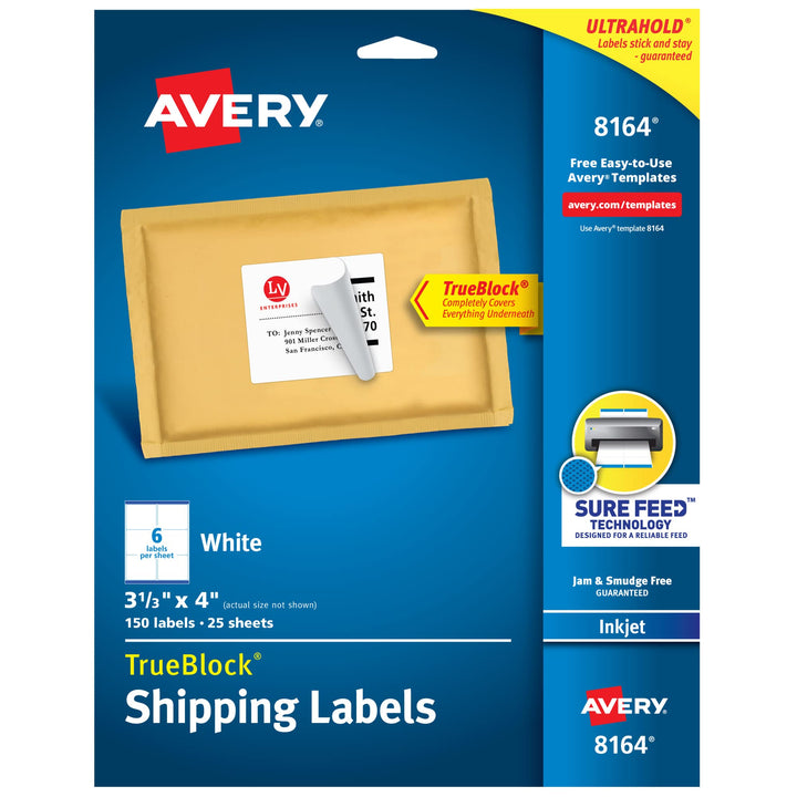 Avery Shipping Address Labels, Inkjet Printers, 150 Labels, 3-1/3x4 Labels, Permanent Adhesive, TrueBlock (8164), White 1 pack