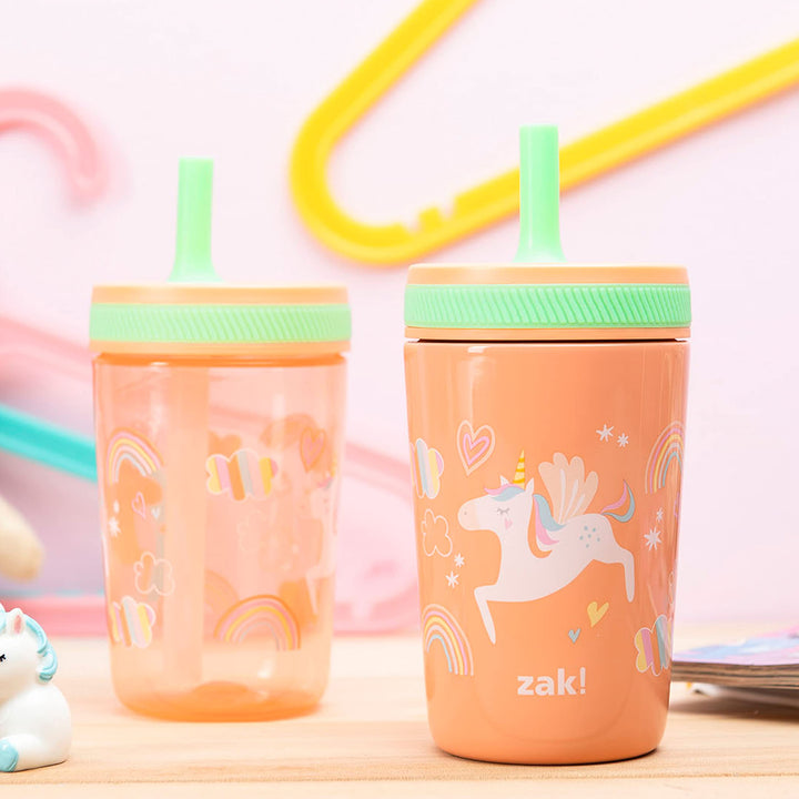 Zak Designs Unicorn Kelso Tumbler Set, Leak-Proof Screw-On Lid with Straw, Bundle for Kids Includes Plastic and Stainless Steel Cups with Bonus Sipper, 3pc Set, Non-BPA, 15 fl.oz. Classic