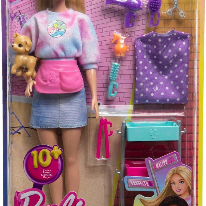 Barbie Stylist Doll & 14 Accessories, Blonde Malibu Fashion Doll On-set with Cart, Smock, Makeup Palette, Pet Puppy & More