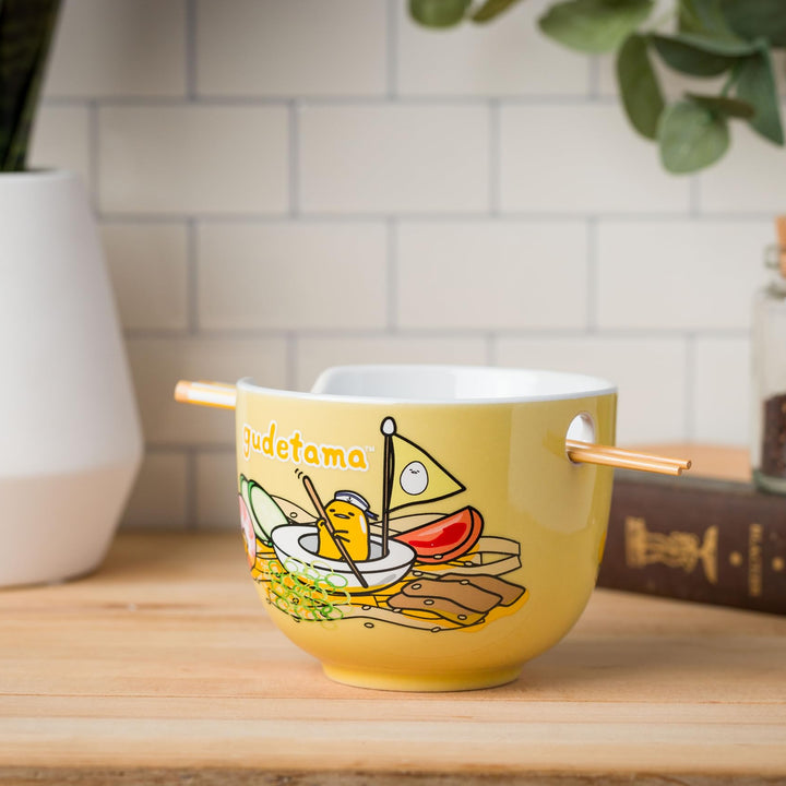 Silver Buffalo Sanrio Gudetama Lazy Egg Sailing In Ramen Ceramic Ramen Noodle Rice Bowl with Chopsticks, Microwave Safe, 20 Ounces Gudetama Swimming Cartoon