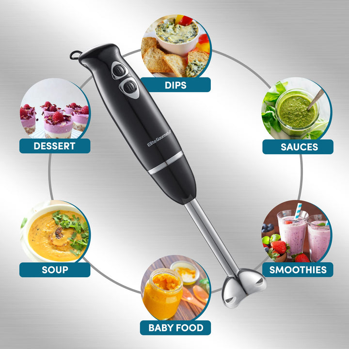 Elite Gourmet EHB1015 Immersion Hand Blender 500 Watts 2 Speed Mixing with Stainless Steel Blades, Detachable Wand Stick Mixer, Smoothies, Baby Food, Soup, Black Black/Stainless Steel Immersion Blenders