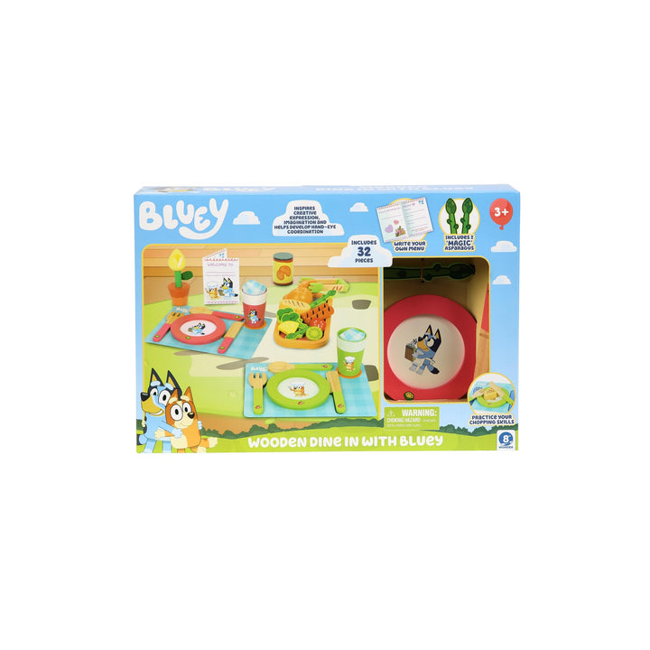 Bluey - Dine in with Bluey Set, 32-Piece Wooden Toy Set with Magic Asparagus, Plates, Utensils & more, Perfect for Role-Play & Imaginative Fun, FSC-certified, Suitable for 3 Years & Up Dine in Set