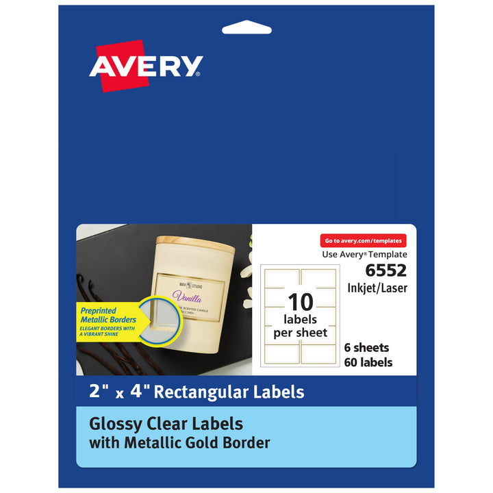 Avery Glossy Clear Labels with Metallic Gold Label Borders, 2" x 4" Rectangle Labels, 60 Total, Laser/Inkjet Printable Labels (6552) 2" x 4" 60 labels Glossy Clear Gold Borders