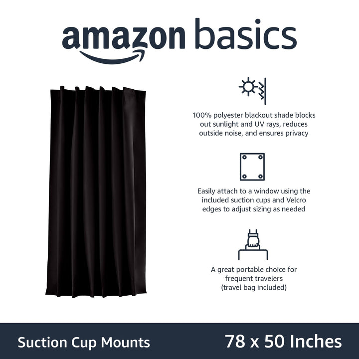 Basics Portable Window Blackout Curtain Shade with Suction Cups for Travel, 1-Pack, 50" x 78", Black 1 Pack