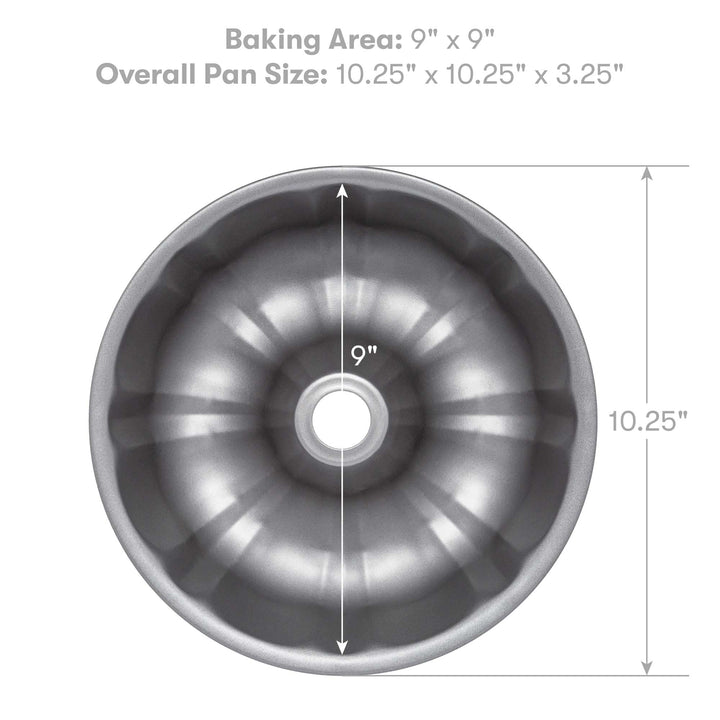 Cooking Light Heavy Duty Nonstick Bakeware Carbon Steel Fluted Tube Bundt Pan with Quick Release Coating, Manufactured without PFOA, Dishwasher Safe, Oven Safe, 9-Inch, Gray