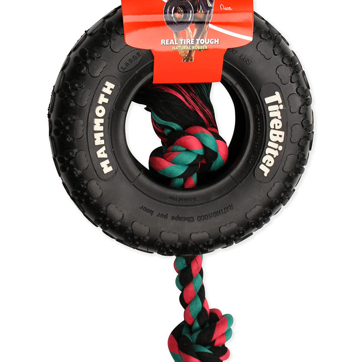 Mammoth TireBiterII with Cotton-Poly Rope – Natural Rubber Dog Toys for Extreme Chewers – Dog Toys for Extra Long Interactive Play – Aggressive Chewer Toys for Medium - Large Dogs - Large 6” Large 6" Tire w/Cotton-Poly Rope