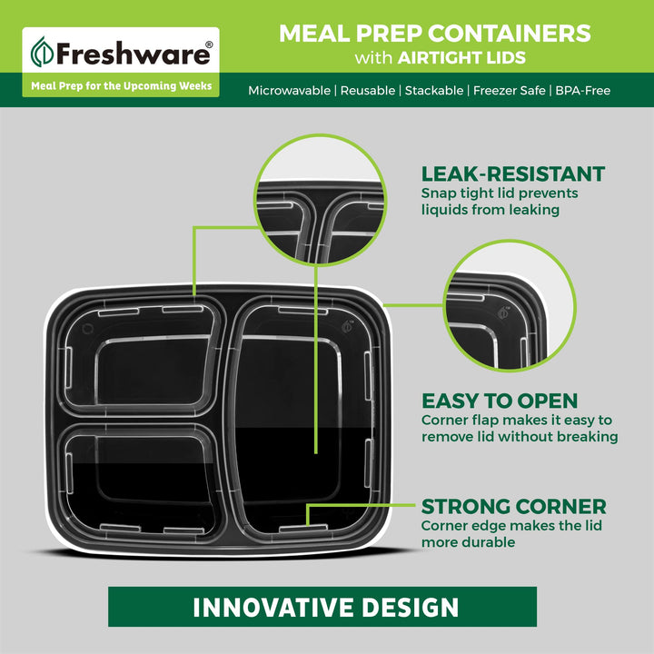 Freshware Meal Prep Containers [21 Pack] 3 Compartment with Lids, Food Storage Containers, Bento Box, BPA Free, Stackable, Microwave/Dishwasher/Freezer Safe (24 oz)