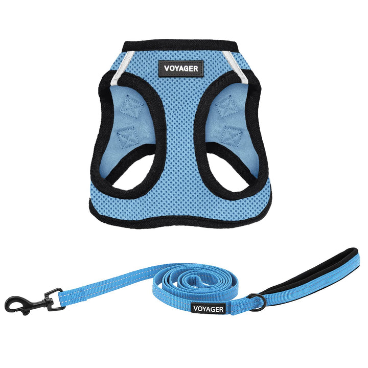 Voyager Step-in Air All Weather Mesh Harness and Reflective Dog 5 ft Leash Combo with Neoprene Handle, for Small, Medium and Large Breed Puppies by Best Pet Supplies - Blue, Large L (Chest: 18 - 20.5") Leash Harness Set (Baby Blue Base)