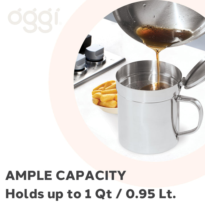 OGGI Stainless Steel Grease Container with Handle, Removable Strainer and Flip Top Lid. Perfect container for fryer oil, bacon drippings, lard and ghee oil. Can capacity - 0.25 Gall / 1 Qt / 0.95 Lt 1 Quart