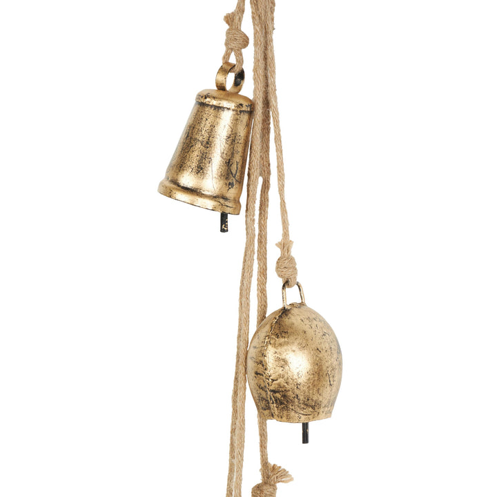 Deco 79 Gold Metal Tibetan Inspired String Hanging Decorative Bells with Jute Hanging Rope 4" x 8" x 52" - Cone 52" x 4" x 8"