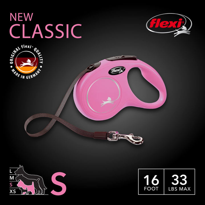FLEXI New Classic Retractable Dog Leash (Tape), 16 ft, Small, Pink Small - 16 ft
