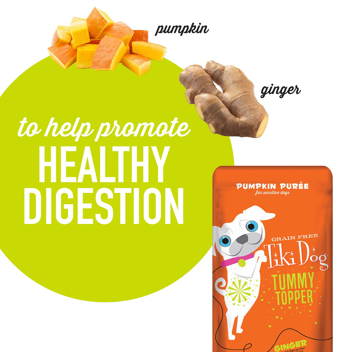 Tiki Dog Single-Serve Tummy Topper, Grain-Free Pumpkin Purée with Ginger for Sensitive Stomachs, 1.5oz Pouches (Pack of 12)