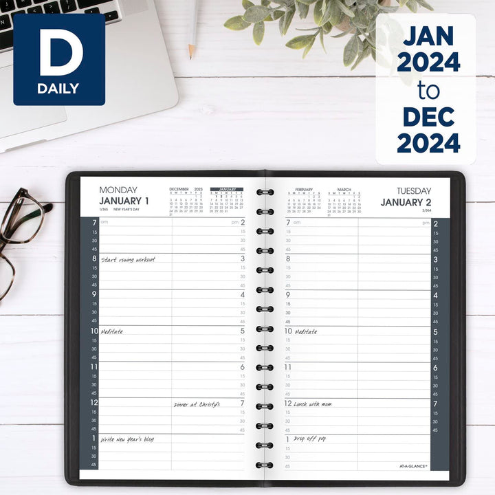 AT-A-GLANCE 2024 Daily Planner, Quarter-Hourly Appointment Book, 5" x 8", Small, Black (708000524) 2024 Old Edition