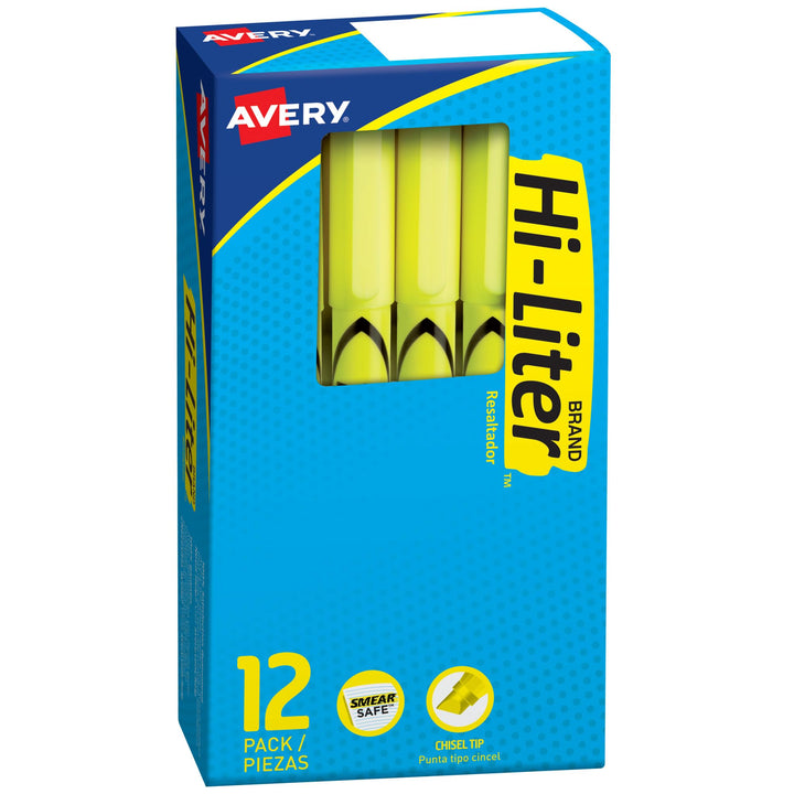 AVERY Hi-Liter Pen-Style Highlighters, Smear Safe Ink, Chisel Tip, 12 Fluorescent Yellow Highlighters (23591) 12 highlighters